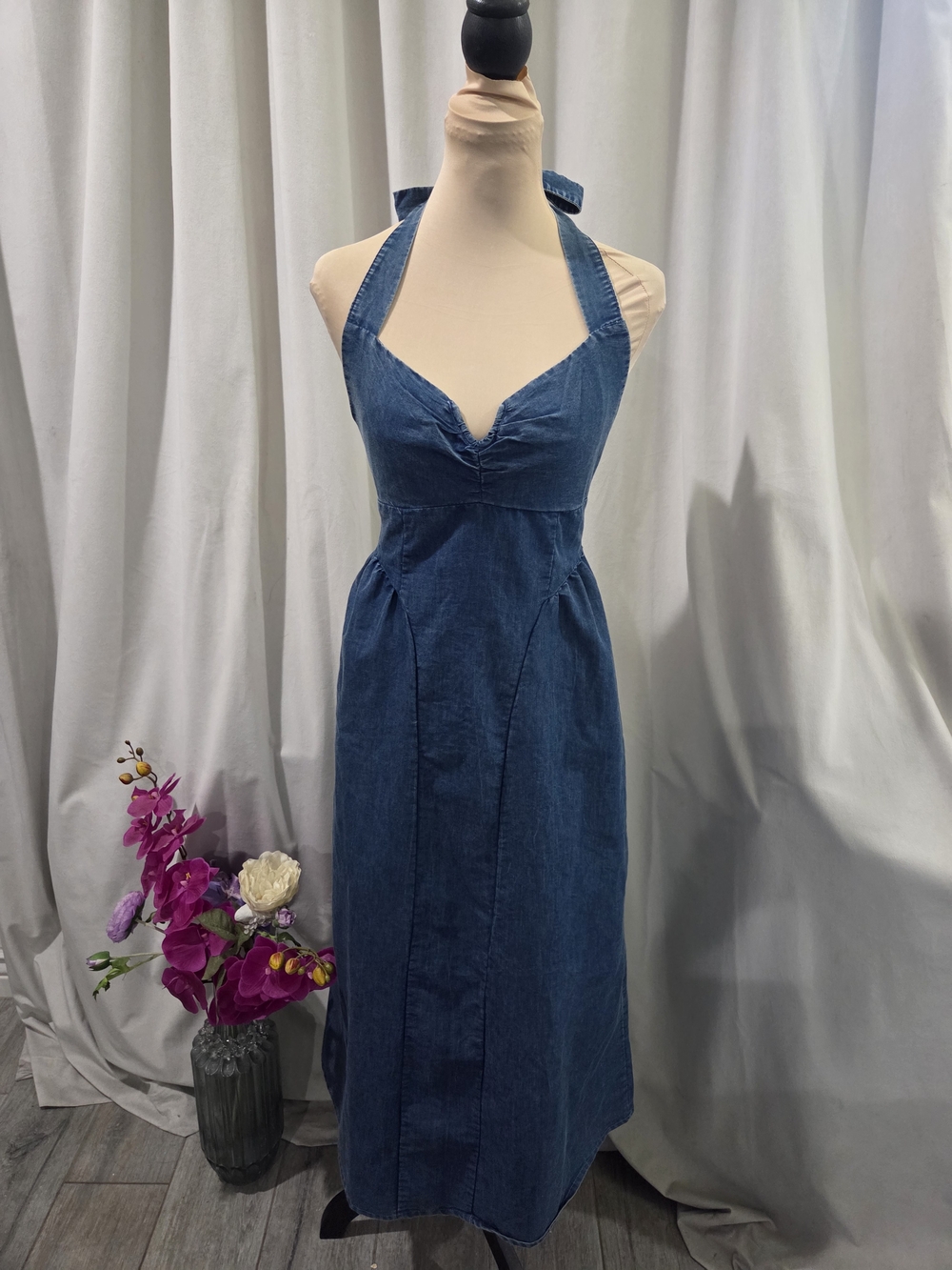 Blush Denim Halter Midi Dress - Blue